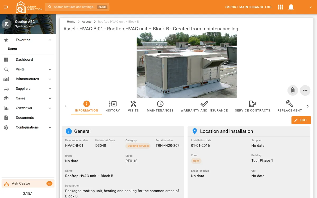 Asset record for a rooftop HVAC unit: photo, serial and model numbers, installation date, zone and building
