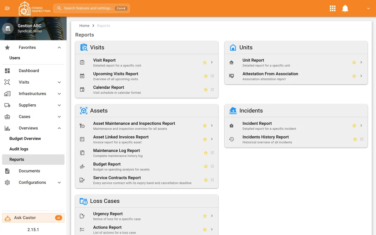 The report catalogue: visit, unit, asset, incident and loss reports, each generated from the building record
