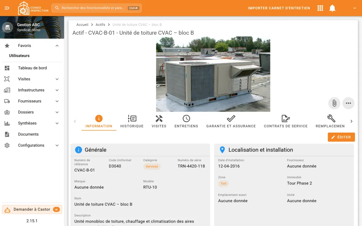 Fiche d'équipement d'une unité de toiture CVAC : photo, numéros de série et de modèle, date d'installation, zone et immeuble