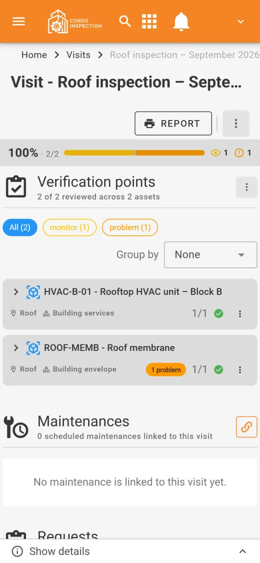 A roof inspection on a phone, complete, with one item to monitor and one problem found